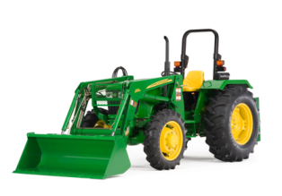 Compact small farm tractor with front end loader.