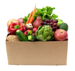 Box of fruit and vegetables produced from community supported agriculture, a sustainable food production system. 